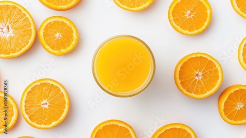 Orange Juice in Glass Surrounded by Fresh Slices