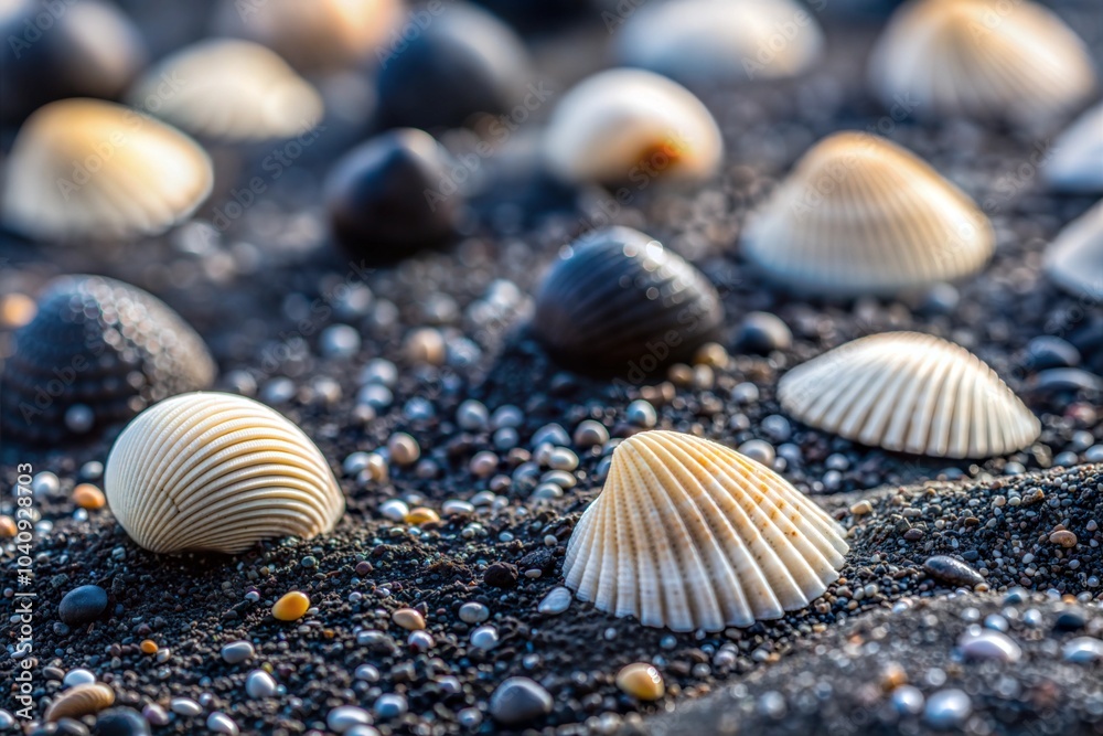 Seashells on black sand beach with close-up texture Seashells on black sand beach with close-up texture