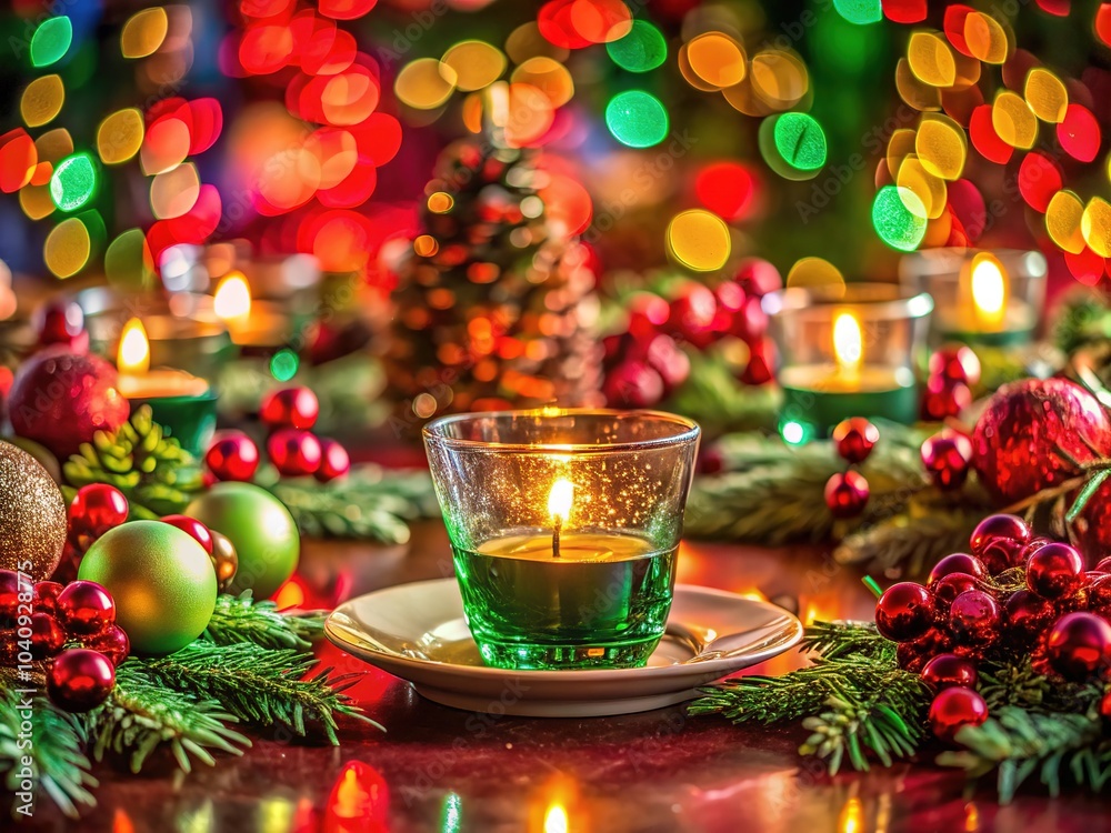 Tealights shimmer on a table, illuminated by crimson and emerald lights, a festive scene. Tealights shimmer on a table, illuminated by crimson and emerald lights, a festive scene.