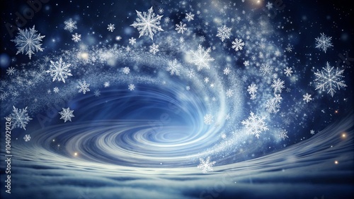 A celestial spiral of swirling snowflakes and shimmering dust, leading to a mysterious white expanse beyond the blue horizon.