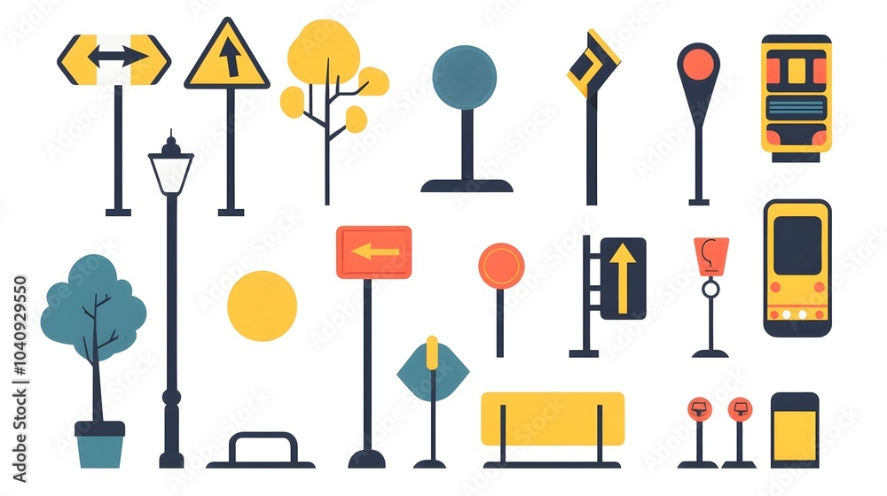 Minimalist flat design of road markers with directional arrows visualizing planned guidance and transportation management concepts on an isolated white background Minimalist flat design of road markers with directional arrows visualizing planned guidance and transportation management concepts on an isolated white background