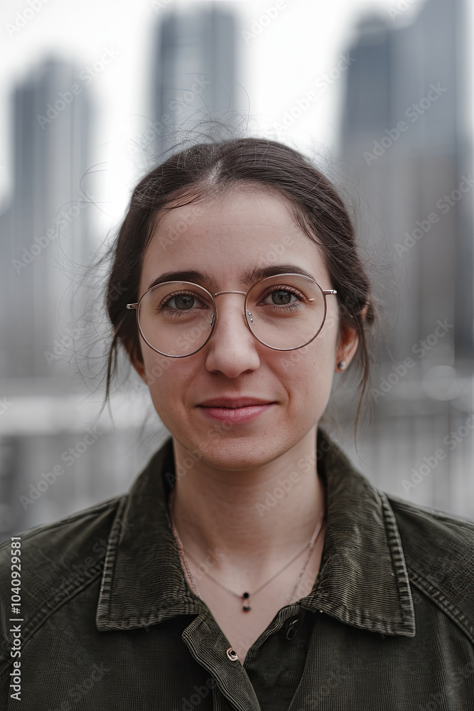 close up portrait of woman with dark hair and glasses, showcasing her calm expression against blurred cityscape background. urban setting adds depth to her thoughtful demeanor close up portrait of woman with dark hair and glasses, showcasing her calm expression against blurred cityscape background. urban setting adds depth to her thoughtful demeanor