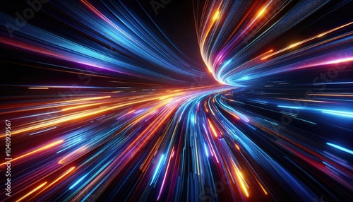 Dynamic Neon Light Streaks in a Futuristic Cyberpunk Setting: High-Resolution Artwork Featuring Vibrant Electric Blue, Neon Orange, and Magenta Colors with Realistic Motion Blur