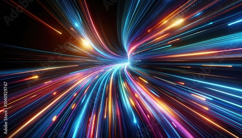 Dynamic Neon Light Streaks in a Futuristic Cyberpunk Setting: High-Resolution Artwork Featuring Vibrant Electric Blue, Neon Orange, and Magenta Colors with Realistic Motion Blur