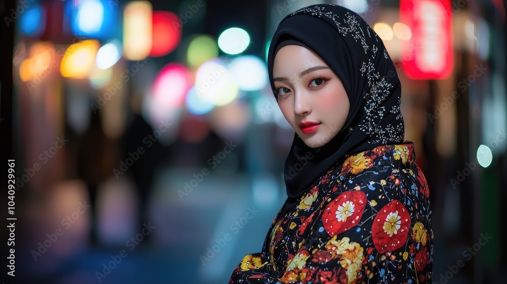 A Woman Wearing a Black Hijab and Floral Dress Poses Against a Blurred City Lights Background A Woman Wearing a Black Hijab and Floral Dress Poses Against a Blurred City Lights Background