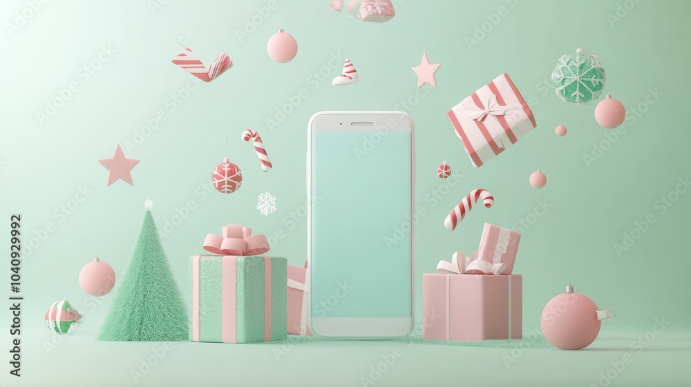 Abstract 3D model of a smartphone with exploding icons of shopping,Christmas day in winter season,gifts and christmas tree,santa,happy new year,discounts and digital payment solutions,pastel theme.