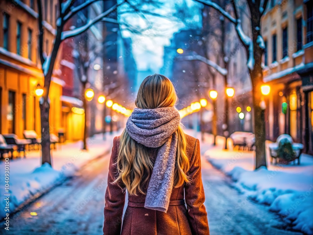 The vast landscape unfolds behind a girl, her coat and scarf a stark contrast to the snowy scene. The vast landscape unfolds behind a girl, her coat and scarf a stark contrast to the snowy scene.
