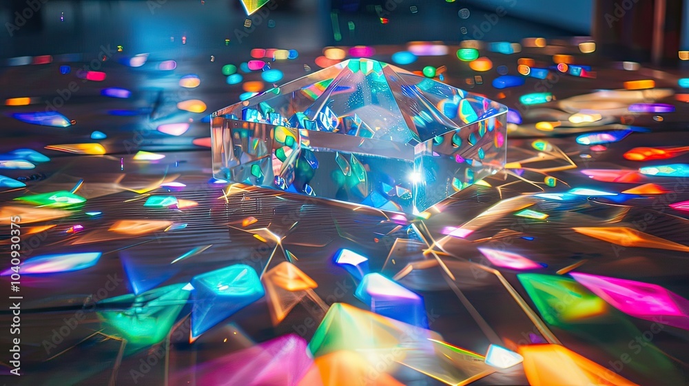 A high-angle view of a glass prism surrounded by colorful light spots on a table. A high-angle view of a glass prism surrounded by colorful light spots on a table.