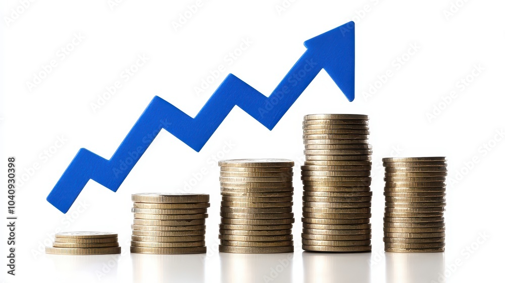 Real estate investment with A Blue house model surrounded by stacks of coins on a table, symbolizing real estate investment and financial growth,Concept for property ladder,Saving money. Real estate investment with A Blue house model surrounded by stacks of coins on a table, symbolizing real estate investment and financial growth,Concept for property ladder,Saving money.
