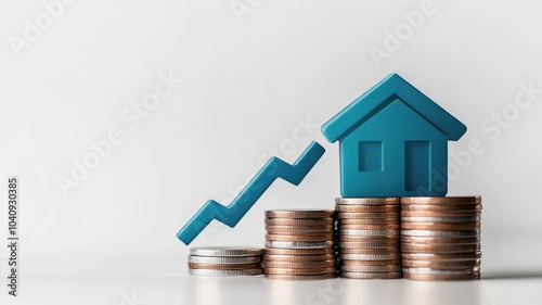 Real estate investment with A Blue house model surrounded by stacks of coins on a table, symbolizing real estate investment and financial growth,Concept for property ladder,Saving money.