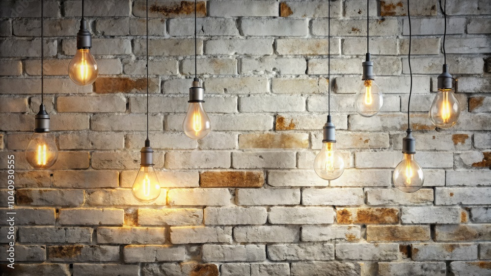 Minimalist Double Exposure of Charming White Brick Wall with Cracked Paint and Hanging Light Bulbs in a Serene Setting Minimalist Double Exposure of Charming White Brick Wall with Cracked Paint and Hanging Light Bulbs in a Serene Setting