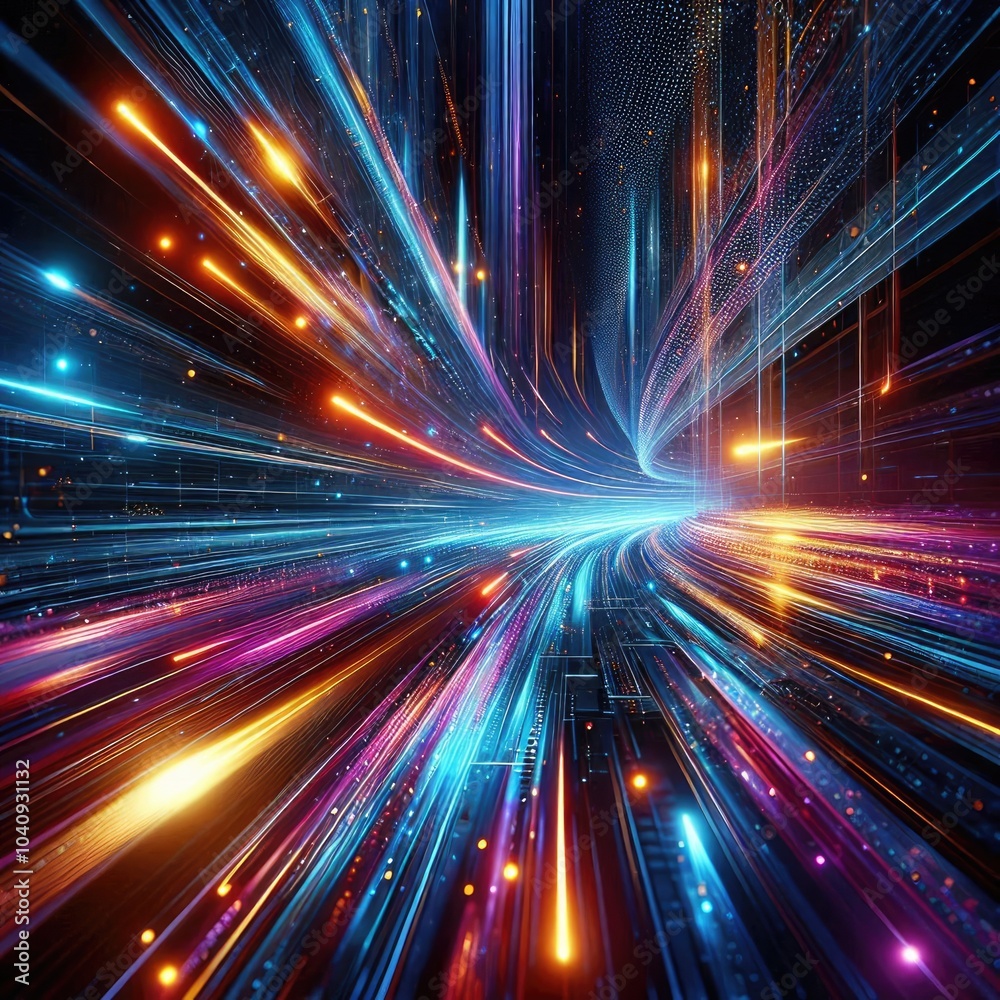 Dynamic Neon Light Streaks in a Futuristic Cyberpunk Setting: High-Resolution Artwork Featuring Vibrant Electric Blue, Neon Orange, and Magenta Colors with Realistic Motion Blur