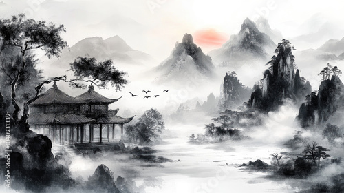 Chinese style black and white landscape painting