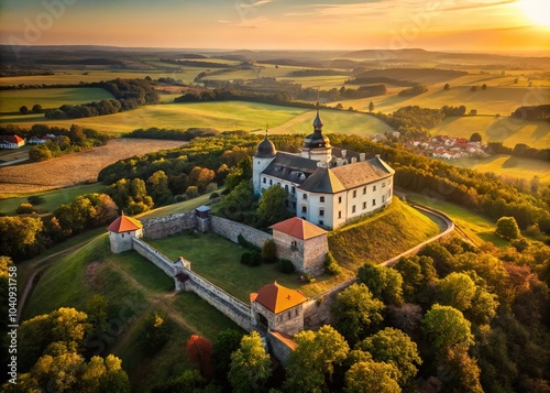 Ukraine's Pidhirci Castle, captured in minimalist aerial photography. photo