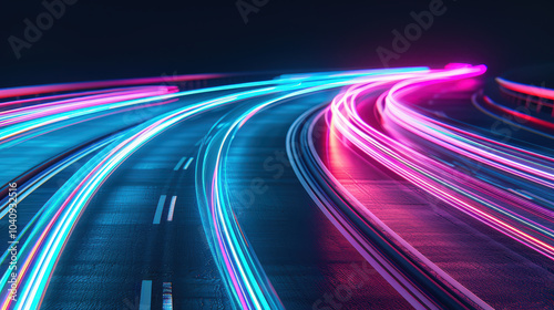 Vibrant electric blue and purple light effects streak across dark road, creating dynamic and energetic atmosphere. flowing lines evoke sense of speed and movement
