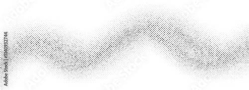 Gritty halftone wave background. Dotted curved line wallpaper. Abstract wavy fluid backdrop texture. Black pop art swoosh element for poster, banner, overlay, card, brochure, flyer, leaflet. Vector