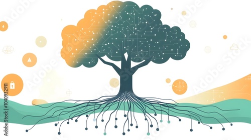 Obraz na płótnie Flat design depicting tree roots transforming into a network of digital connections symbolizing the growth of nature through technological expansion and the of the organic and the virtual w salonie