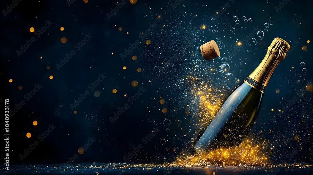 Naklejka premium Glowing champagne bottle exploding with mesh lines glowing bubbles and a cork flying away in a dynamic celebratory scene This image captures the energy and excitement of a festive or party