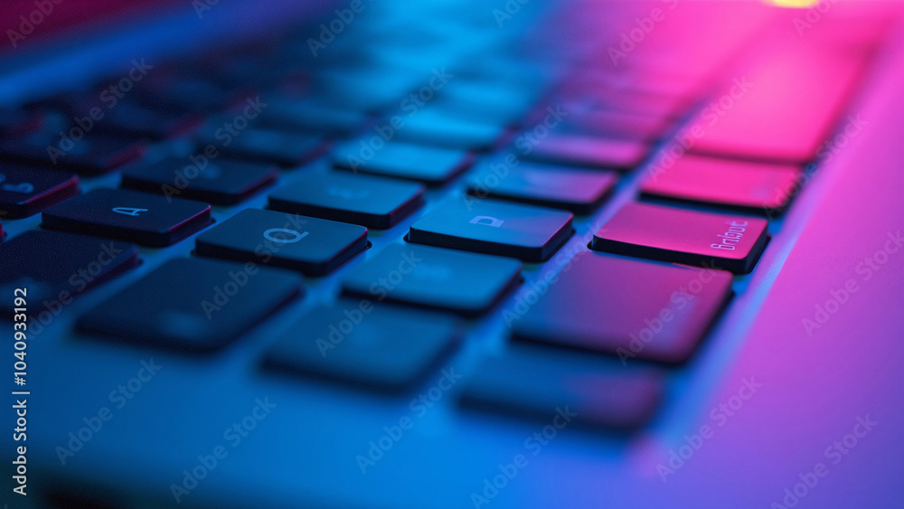 Close-up of Laptop Keyboard with Neon Lighting, Modern Technology Concept Photograph Close-up of Laptop Keyboard with Neon Lighting, Modern Technology Concept Photograph
