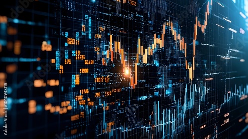 Wallpaper Mural Glowing abstract mesh with rising and falling neon lines representing market data and financial trends  This modern futuristic 3D features a dynamic connected geometry with a minimalist Torontodigital.ca