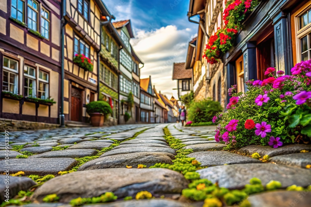 Fototapeta premium Wernigerode's cobblestone alleyway: macro photography unveils its hidden beauty.
