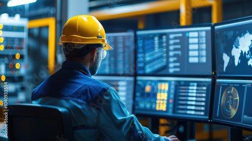 Efficient electrical engineer developing algorithm in control room, wearing safety helmet and glasses, focused on multiple screens displaying data and analytics