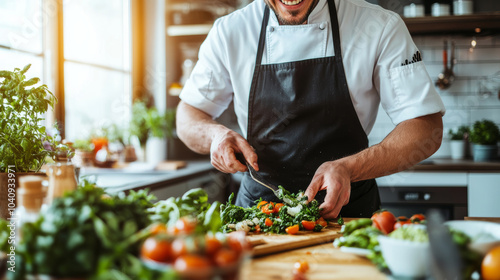 Fresh vegetables are being chopped by chef in bright kitchen, showcasing vibrant culinary scene filled with greens and colorful ingredients. atmosphere is lively and inviting, perfect for cooking enth photo