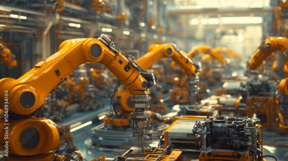 Automated robotic arms in modern factory setting showcase advanced technology and precision. vibrant yellow color of robots contrasts with industrial environment, highlighting innovation and efficienc Automated robotic arms in modern factory setting showcase advanced technology and precision. vibrant yellow color of robots contrasts with industrial environment, highlighting innovation and efficienc