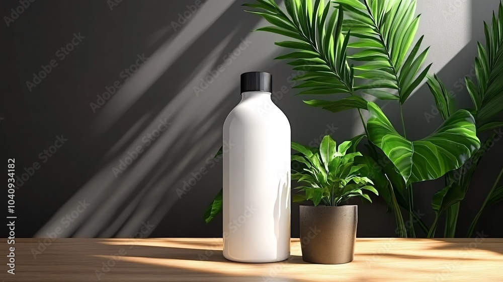Minimalist bottle and plant arrangement Minimalist bottle and plant arrangement