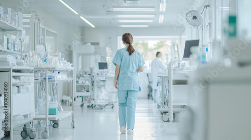 A healthcare professional in scrubs walks through modern hospital corridor, surrounded by medical equipment and sterile environment, conveying sense of dedication and care