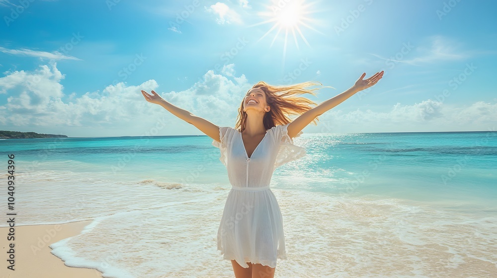 happy woman enjoying freedom with open hands on sea. happy woman enjoying freedom with open hands on sea.