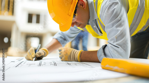 Construction worker reviewing blueprints with focus and precision, wearing hard hat and safety gear. environment is construction site, showcasing dedication and professionalism