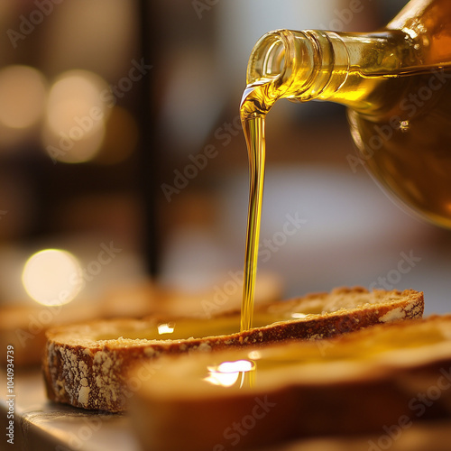 Olive oil being poured onto fresh bread during Las Jornadas del Olivar y el Aceite, the golden flow of the oil, flavorful atmosphere, blurred background with tasting tables photo