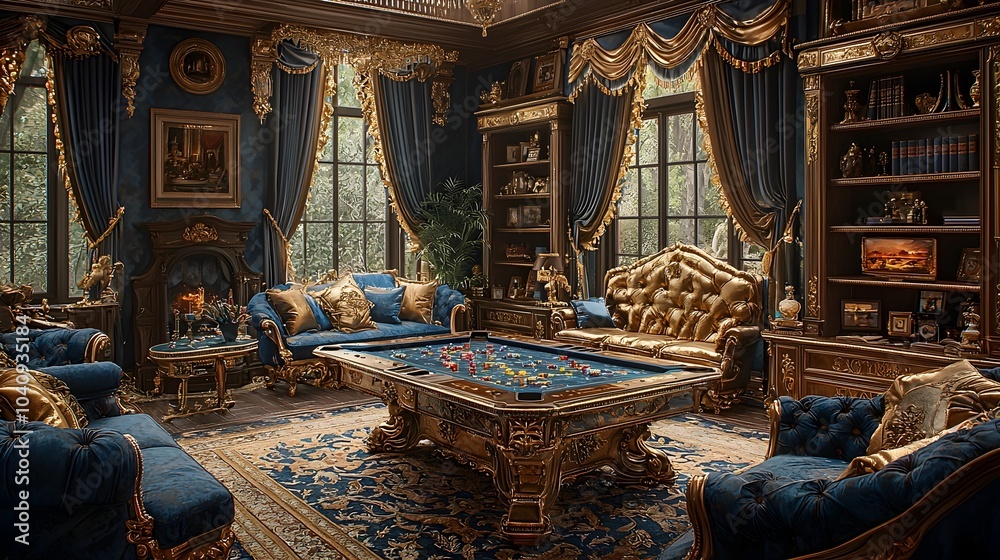 Fototapeta premium Luxurious game room featuring gold accented furniture a large and immersive gaming setup and rich plush fabrics for a premium sophisticated entertainment experience