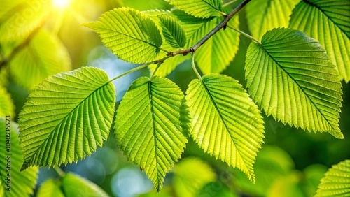 Sun-drenched leaves, a vibrant green tapestry of delicate veins, bathed in golden light, their edges shimmering with dew