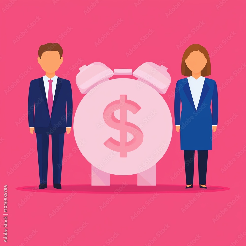 Two professionals standing beside a piggy bank with dollar symbol on pink background. Two professionals standing beside a piggy bank with dollar symbol on pink background.