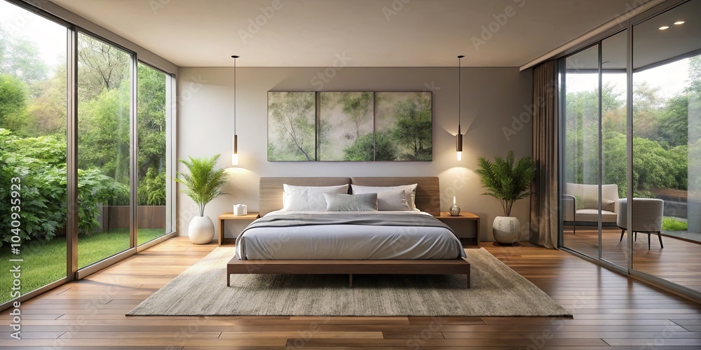 Minimalist bedroom interior with a modern design featuring a large bed, natural light, and a view of lush foliage through sliding glass doors. Minimalist bedroom interior with a modern design featuring a large bed, natural light, and a view of lush foliage through sliding glass doors.