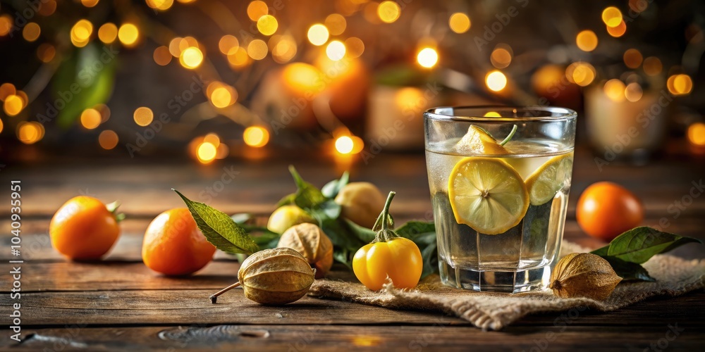 Refreshing Still Life of Glass of Water with Lemon and Ripe Physalis on Wooden Table, Capturing the Essence of Natural Ingredients, Bokeh Effect for a Cozy Atmosphere