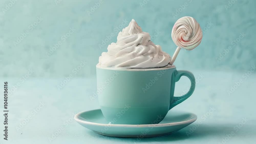 A blue glass with whipped cream and candy. A blue glass with whipped cream and candy.