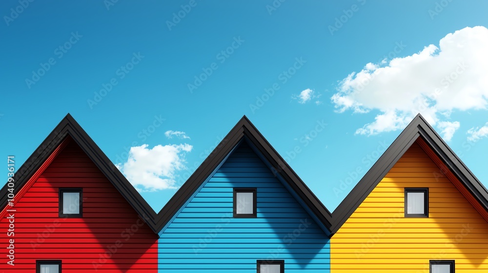 Colorful houses with vibrant roofs against a clear blue sky, showcasing modern design. Colorful houses with vibrant roofs against a clear blue sky, showcasing modern design.