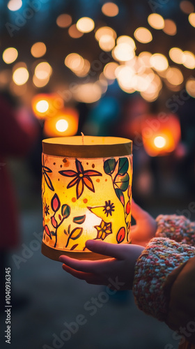 Hands holding a brightly decorated lantern for St. Martin's Day, soft candlelight creating a gentle glow, festive and cozy atmosphere