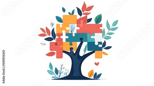 A flat design depicting puzzle pieces coming together to form the shape of a growing tree symbolizing the concept of growth through potential creative problem solving and collaborative development