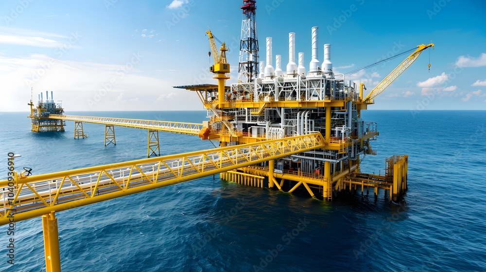 Fototapeta premium Aerial view of an offshore oil platform with multiple cranes and drilling equipment operating against a clear blue sky and horizon The platform is positioned in the middle of the ocean