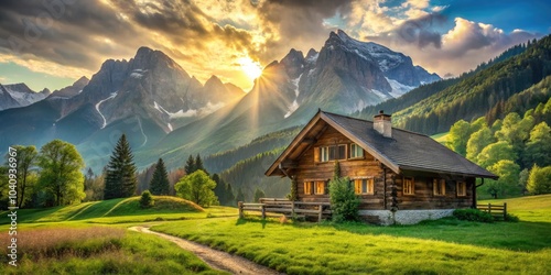 Scenic Wood House in Lush Field with Majestic Mountains in Background, High Dynamic Range Photography, Nature Landscape, Tranquil Countryside, Rustic Architecture, Outdoor Serenity