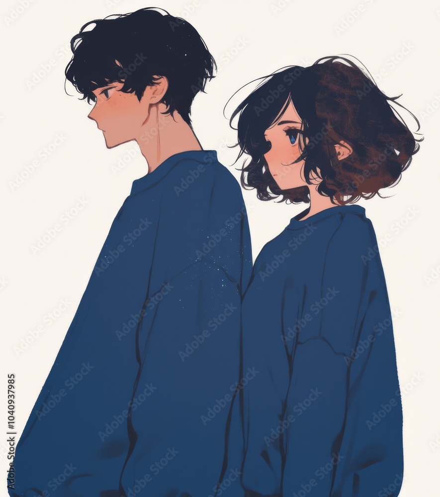 Anime-style illustration of a girl and a boy standing side by side in blue sweatshirts, facing away from the viewer, capturing a sense of companionship and adventure. Anime-style illustration of a girl and a boy standing side by side in blue sweatshirts, facing away from the viewer, capturing a sense of companionship and adventure.