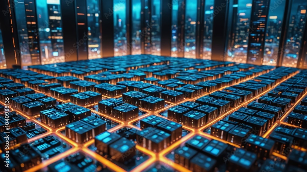 Fototapeta premium A futuristic cityscape with a grid of interconnected servers and data centers humming with activity, representing the