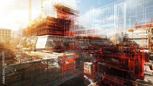 Wallpaper Mural Aerial view of a massive dam construction project with holographic blueprints digital progress bars and advanced technology tools floating over the site Torontodigital.ca