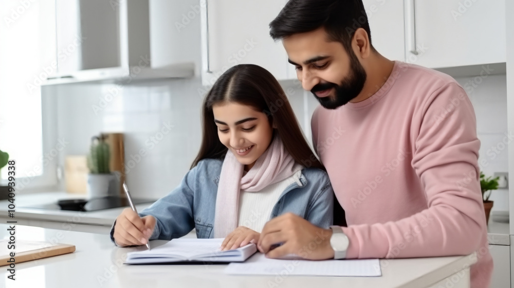 A father helping his daughter with homework. A father helping his daughter with homework.