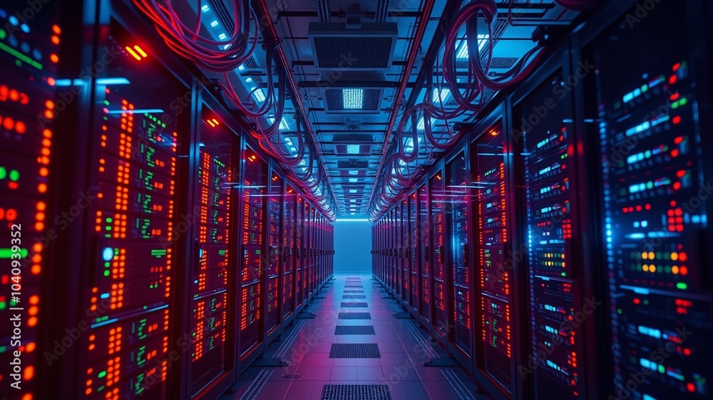A futuristic server room environment with rows of humming computers, surrounded by LED lights and cables, symbolizing A futuristic server room environment with rows of humming computers, surrounded by LED lights and cables, symbolizing