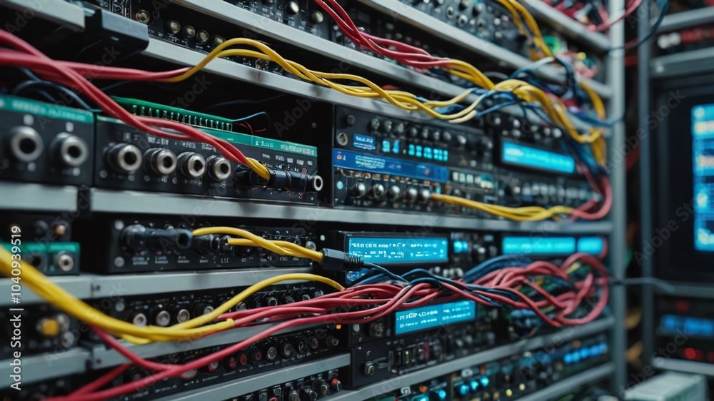 A high-tech setting with tangled cables, blinking LED lights, and humming server racks in the background, amidst a A high-tech setting with tangled cables, blinking LED lights, and humming server racks in the background, amidst a